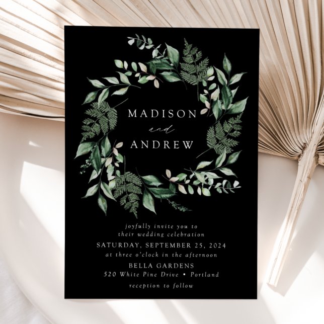 Abundant Greenery Wreath Black Wedding Invitation (Creator Uploaded)