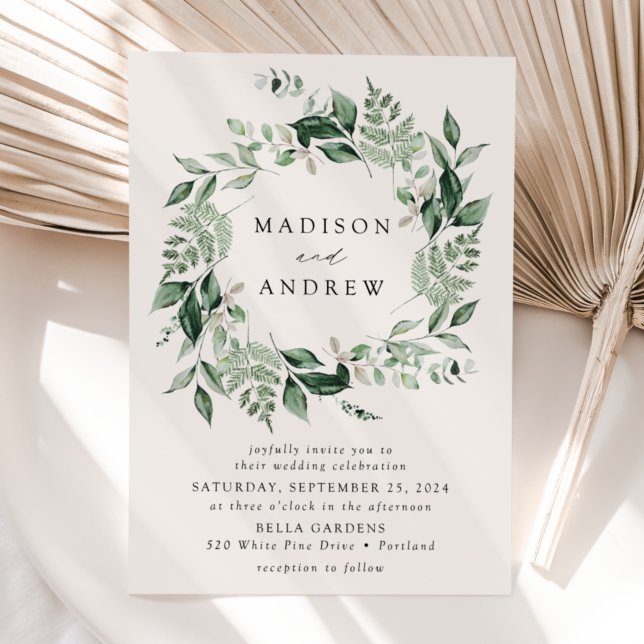 Abundant Greenery Wreath Cream Wedding Invitation (Creator Uploaded)