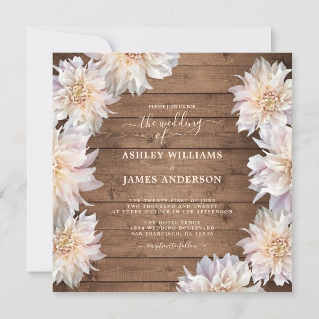 Abundant Pink Dahlia Flower Rustic Wood Wedding Invitation (Front)