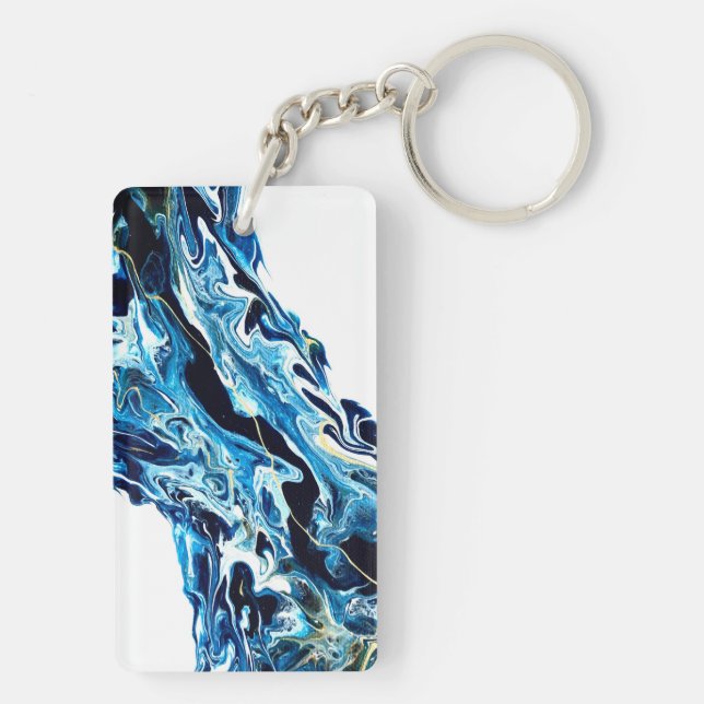 Abyss Blue Abstract Acrylic Paint Pour Fluid Art Key Ring (Back)