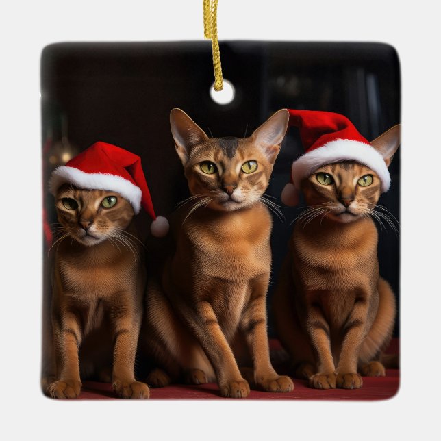 Abyssinian by the Fireplace Christmas Ceramic Ornament (Front)