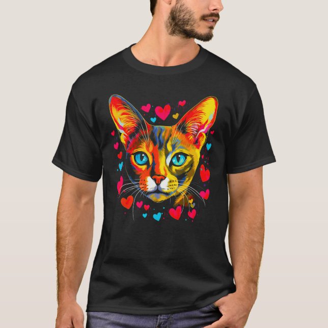 Abyssinian Cat Blue Pink Red Heart T-Shirt (Front)