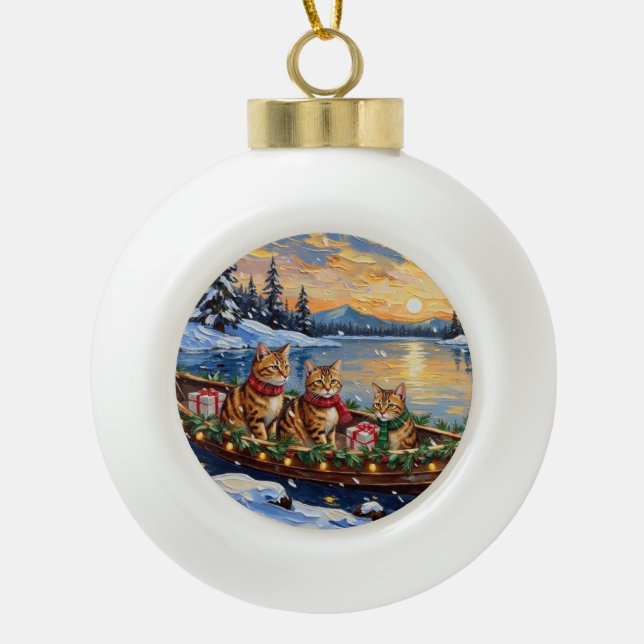 Abyssinian Cat Christmas Boat Holiday Ceramic Ball Christmas Ornament (Front)
