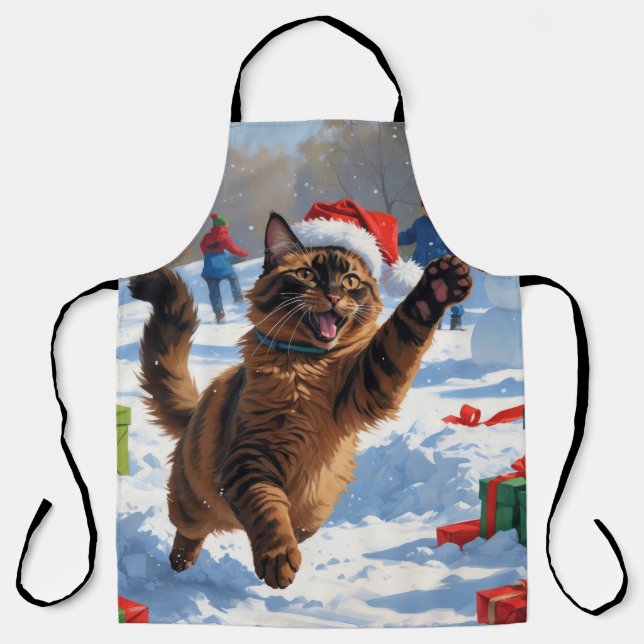 Abyssinian Cat Christmas Festive Snow Scene Apron (Front)