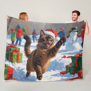 Abyssinian Cat Christmas Festive Snow Scene Fleece Blanket