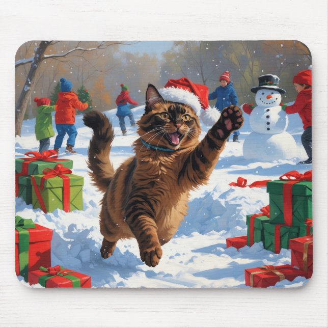 Abyssinian Cat Christmas Festive Snow Scene Mouse Pad (Front)