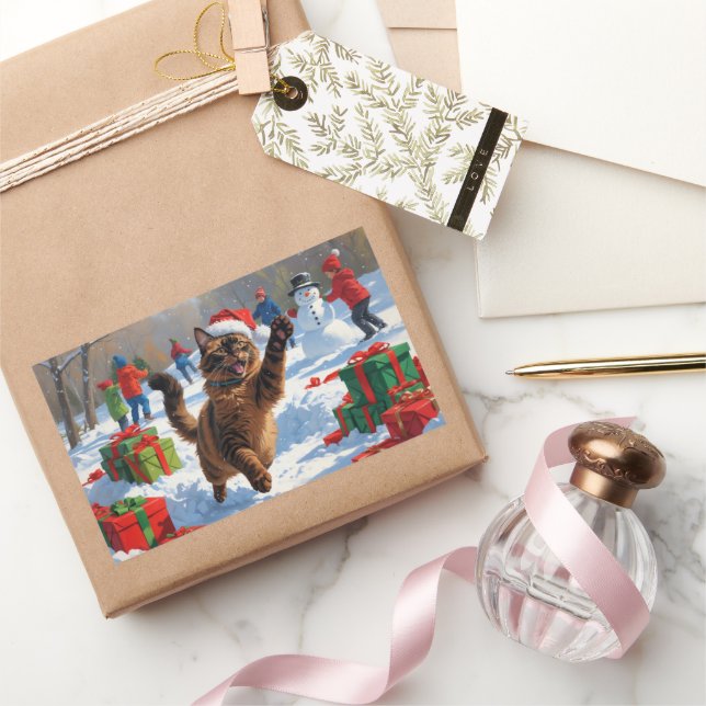 Abyssinian Cat Christmas Festive Snow Scene Rectangular Sticker (Gifting)