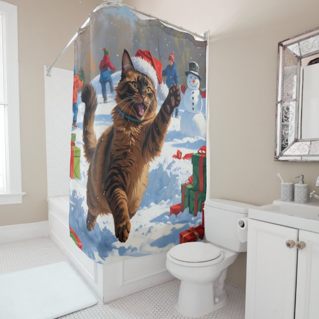 Abyssinian Cat Christmas Festive Snow Scene Shower Curtain (In Situ)