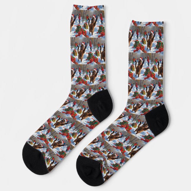 Abyssinian Cat Christmas Festive Snow Scene Socks (Left)