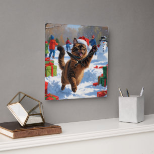 Abyssinian Cat Christmas Festive Snow Scene Square Wall Clock