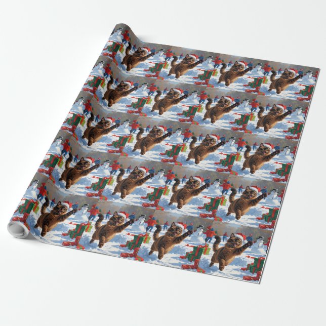 Abyssinian Cat Christmas Festive Snow Scene Wrapping Paper (Unrolled)