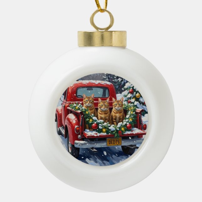 Abyssinian Cat Christmas Red Truck Holiday Ceramic Ball Christmas Ornament (Front)