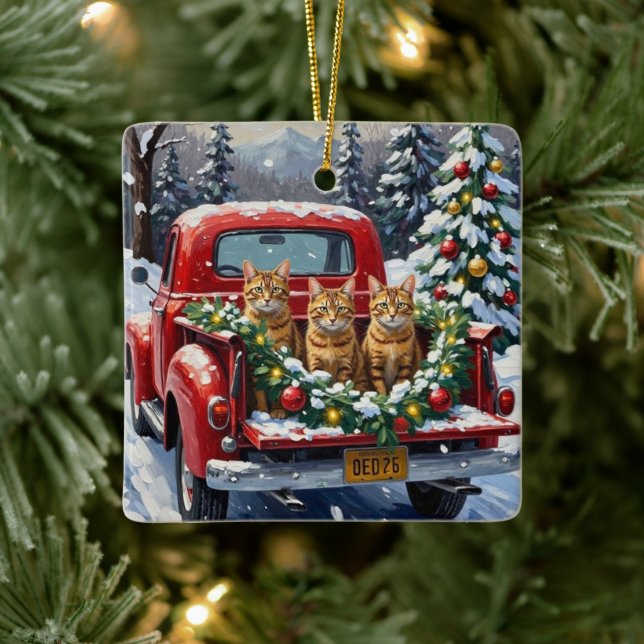 Abyssinian Cat Christmas Red Truck Holiday Ceramic Ornament (Tree)