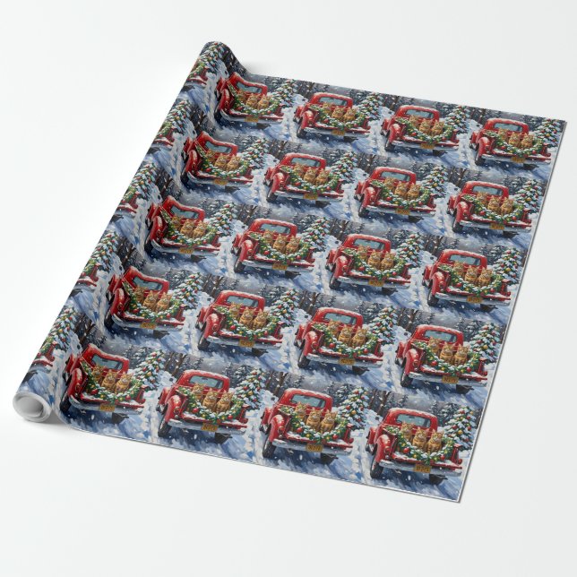 Abyssinian Cat Christmas Red Truck Holiday Wrapping Paper (Unrolled)