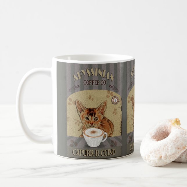 Abyssinian Cat Coffee Capurrrccino Vintage Poster Mug (With Donut)