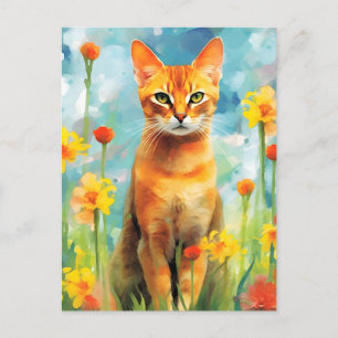 Abyssinian cat colourful watercolor artwork postcard
