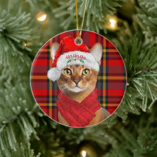 Abyssinian Cat Ho Ho Ho Santa Hat Meowy Christmas Ceramic Ornament
