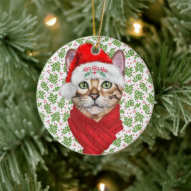 Abyssinian Cat Ho Ho Ho Santa Hat Meowy Christmas Ceramic Ornament (Tree)