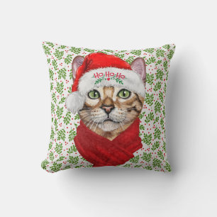 Abyssinian Cat Ho Ho Ho Santa Hat Meowy Christmas Cushion