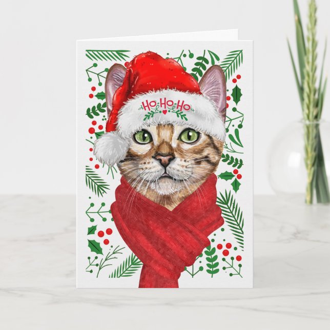 Abyssinian Cat Ho Ho Ho Santa Hat Meowy Christmas Holiday Card (Front)