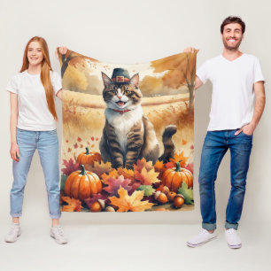 Abyssinian Cat in Autumn Leaves Thanksgiving Art Fleece Blanket