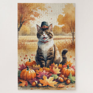 Abyssinian Cat  in Autumn Leaves Thanksgiving Art  Jigsaw Puzzle