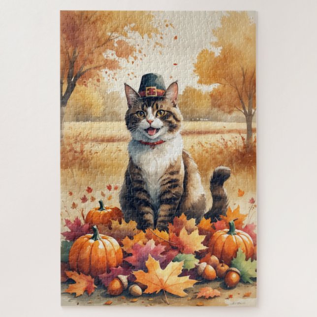 Abyssinian Cat  in Autumn Leaves Thanksgiving Art  Jigsaw Puzzle (Vertical)