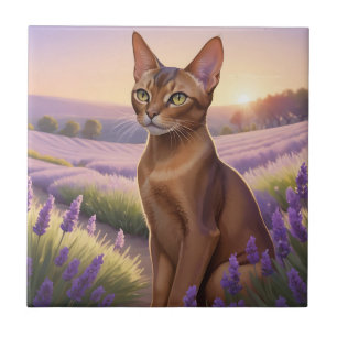 Abyssinian Cat in Lavender Field Ceramic Tile