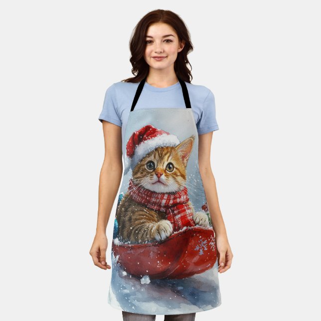 Abyssinian Cat in Sledge Let it Snow Christmas Apron (Worn)