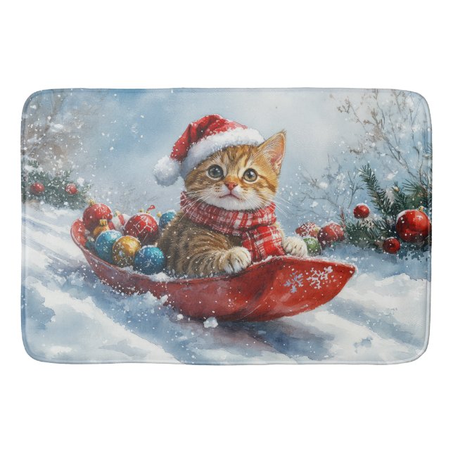 Abyssinian Cat in Sledge Let it Snow Christmas Bath Mat (Front)