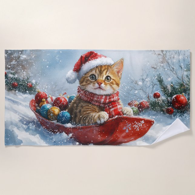 Abyssinian Cat in Sledge Let it Snow Christmas Beach Towel (Front)
