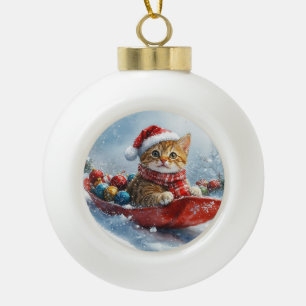 Abyssinian Cat in Sledge Let it Snow Christmas Ceramic Ball Christmas Ornament