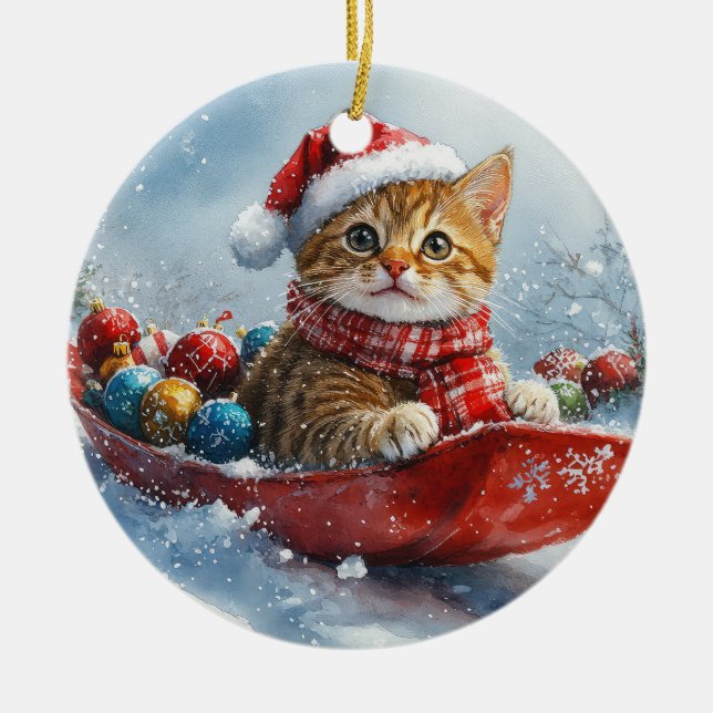 Abyssinian Cat in Sledge Let it Snow Christmas Ceramic Ornament (Front)