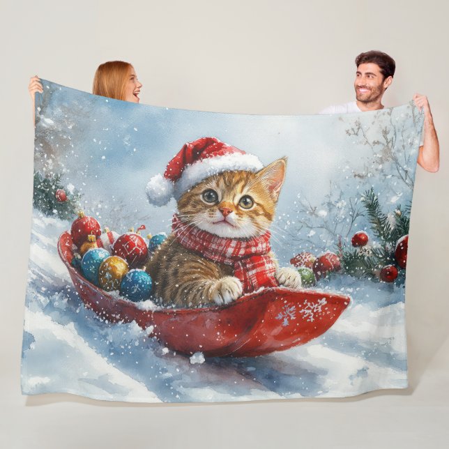 Abyssinian Cat in Sledge Let it Snow Christmas Fleece Blanket (In Situ)