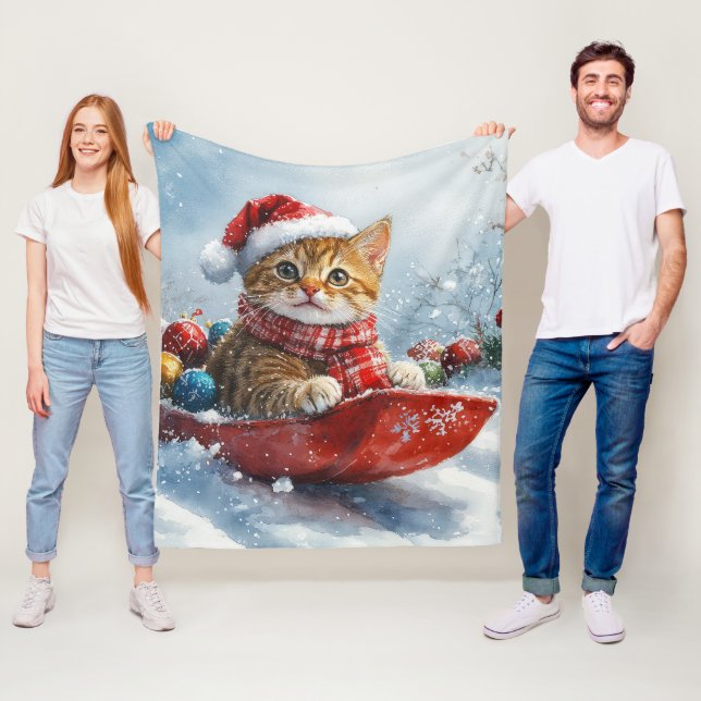 Abyssinian Cat in Sledge Let it Snow Christmas Fleece Blanket (In Situ)