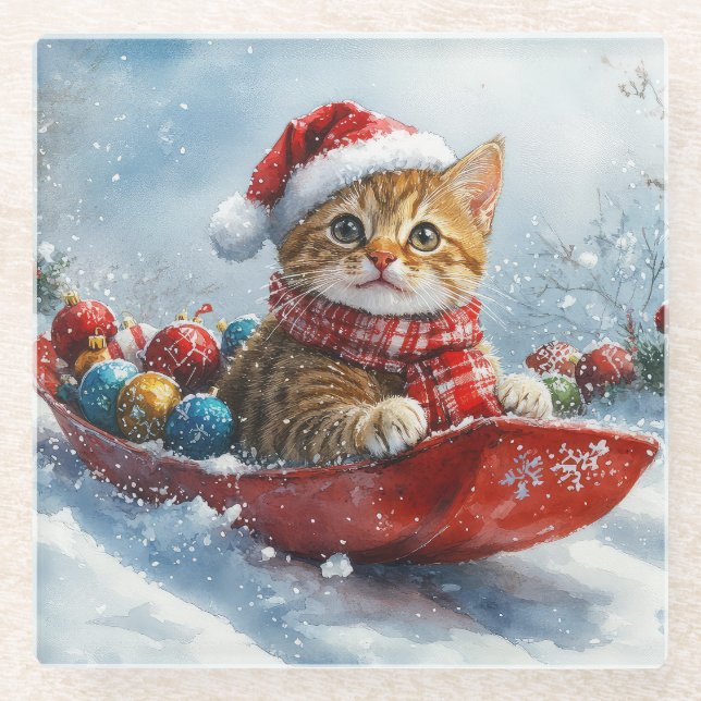 Abyssinian Cat in Sledge Let it Snow Christmas Glass Coaster (Front)