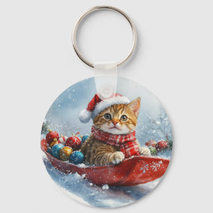 Abyssinian Cat in Sledge Let it Snow Christmas Key Ring
