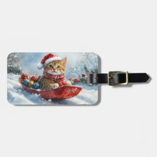 Abyssinian Cat in Sledge Let it Snow Christmas Luggage Tag