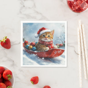 Abyssinian Cat in Sledge Let it Snow Christmas Napkin