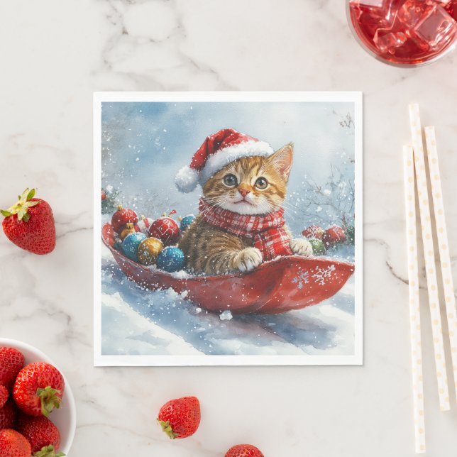 Abyssinian Cat in Sledge Let it Snow Christmas Napkin (Insitu)