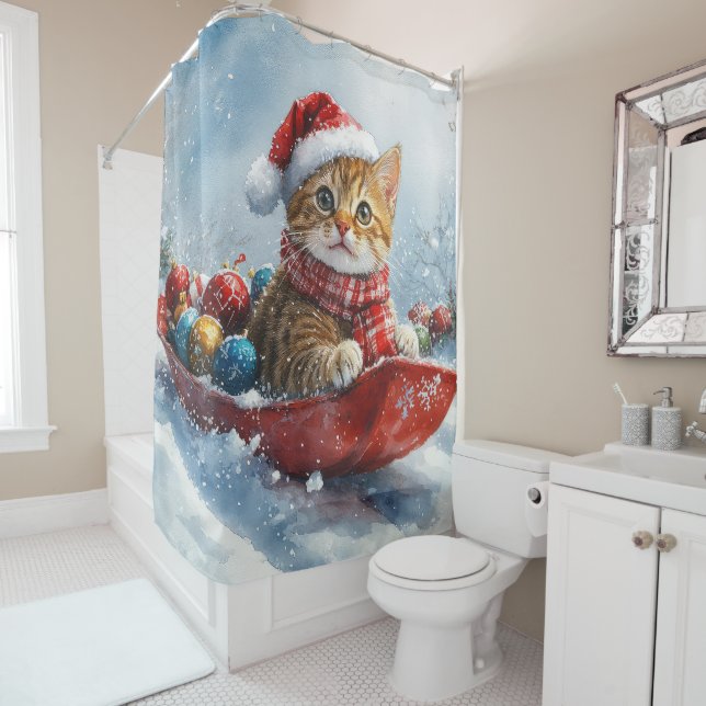 Abyssinian Cat in Sledge Let it Snow Christmas Shower Curtain (In Situ)