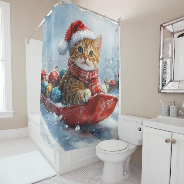 Abyssinian Cat in Sledge Let it Snow Christmas Shower Curtain (In Situ)