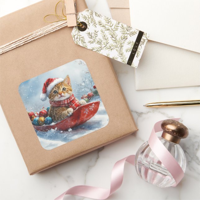 Abyssinian Cat in Sledge Let it Snow Christmas Square Sticker (Gifting)