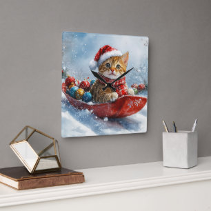 Abyssinian Cat in Sledge Let it Snow Christmas Square Wall Clock