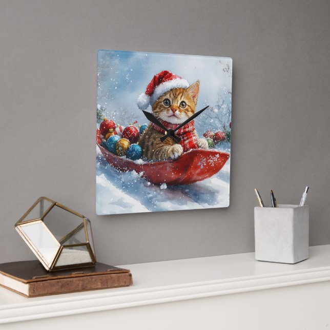 Abyssinian Cat in Sledge Let it Snow Christmas Square Wall Clock (Office)