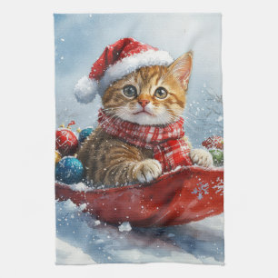 Abyssinian Cat in Sledge Let it Snow Christmas Tea Towel