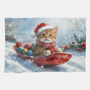 Abyssinian Cat in Sledge Let it Snow Christmas Tea Towel