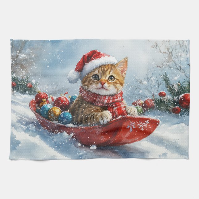 Abyssinian Cat in Sledge Let it Snow Christmas Tea Towel (Horizontal)