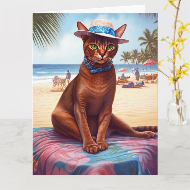 Abyssinian cat on Beach, summer gift for cat lover Card (Yellow Flower)