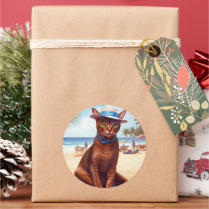 Abyssinian cat on Beach, summer gift for cat lover Classic Round Sticker